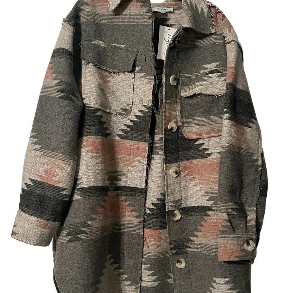Grey and Pink Aztec Button Up Jacket Women’s - Picture 2 of 10